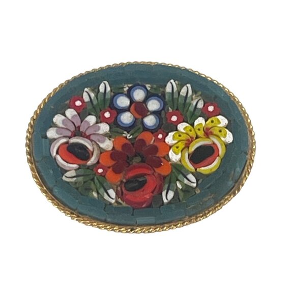 Italian Mosaic Floral Brooch Pin Oval Shape with Gold Tone Frame Intricately Des - Picture 3 of 8